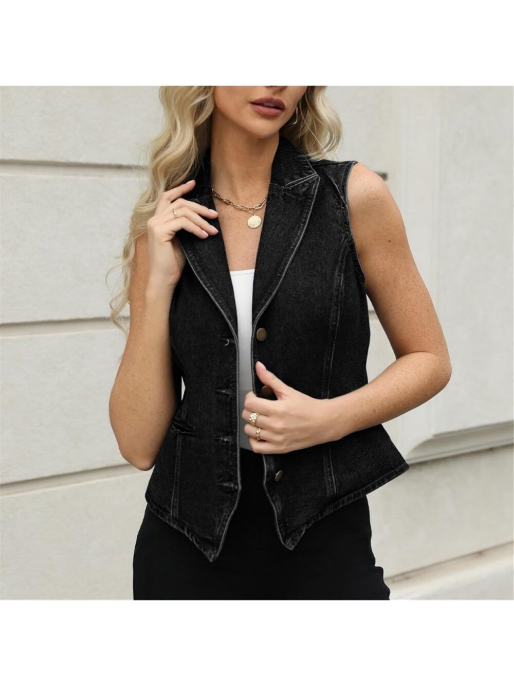 Women's Black Lapel Denim Vest Sleeveless Business Work Jean Waistcoat Vest - Picture 3 of 4